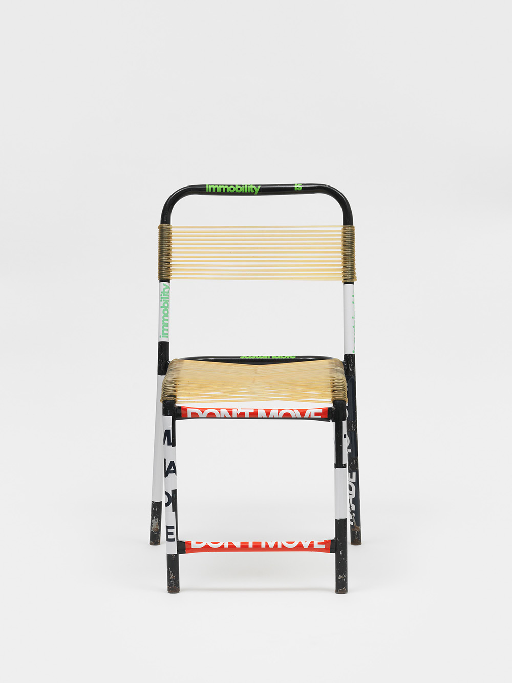 Product image: Metal and Ribbon Chair, modified by Finn, claim stickers, 2022 Athens, 4.6 tons